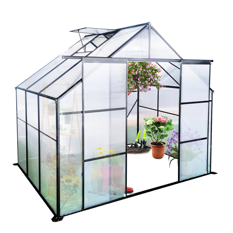 8X6ft Polycarbonate Greenhouse With Base - Adjustable Roof, Plant Growth, Garden Heavy Duty Backyard Sliding Door, Air Circulation, Flower Haven