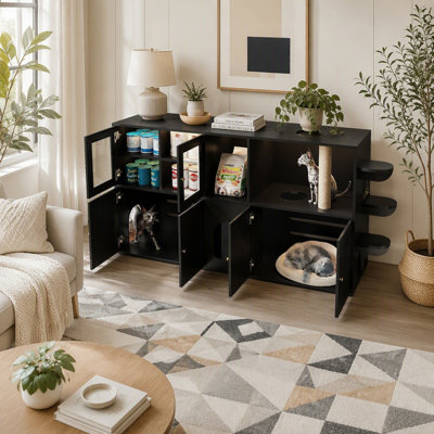 Farmhouse Cat Litter Box Enclosure with Built-in Scratching Post, LED Lights, and Storage, Multi-Functional TV Stand and End Table