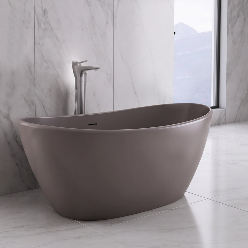 61" Solid Surface Freestanding Soaking Bathtub, Oval Grey Brown Matte Finish, Grey/Brown