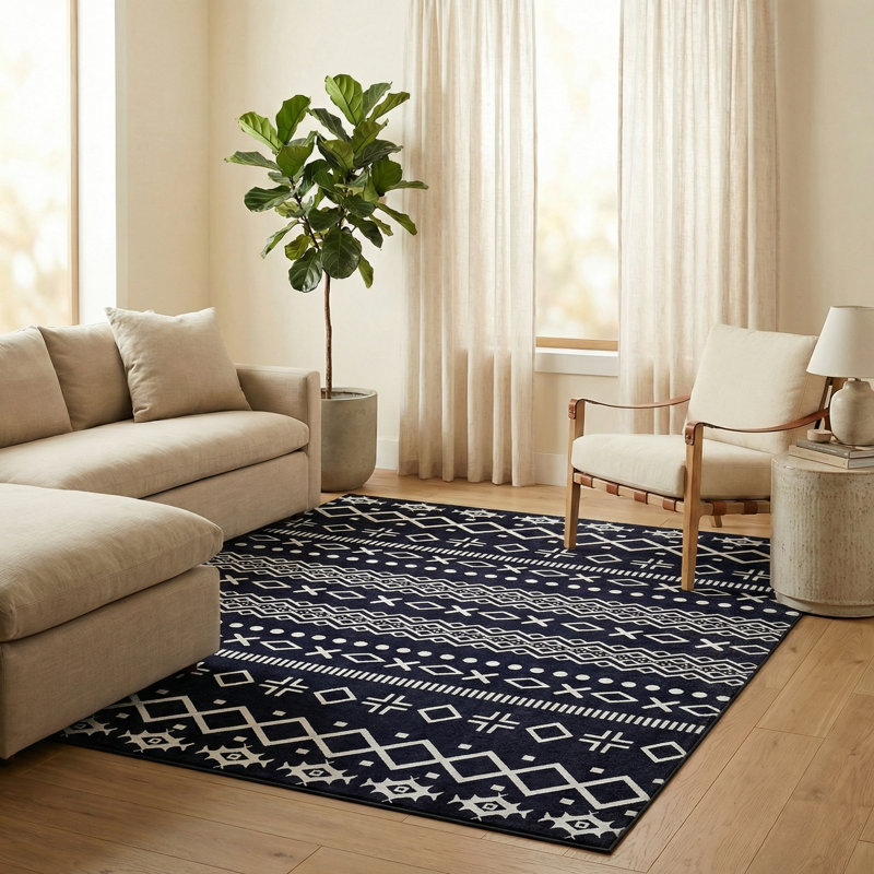 Tapis à motif géométrique noir Thambiah, Tapis de couloir 3 pi 4 po x 9 pi 11 po