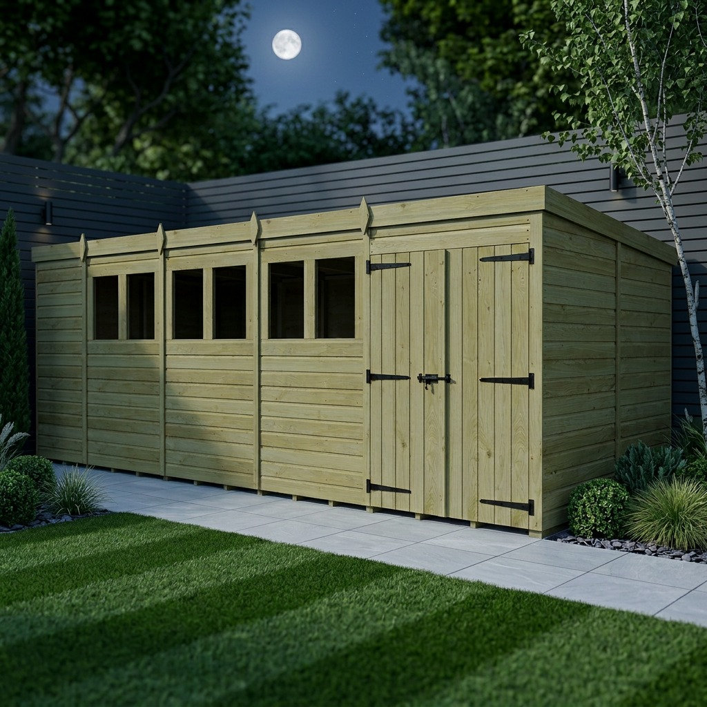 Total Sheds 19ft x 10ft Pent Garden Shed - Double Door - With Windows - Pressure Treated Timber - UK Manufactured