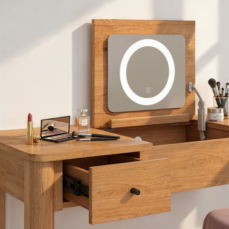Chueyee Vanity with LED Light and Drawer Storage, English Oak