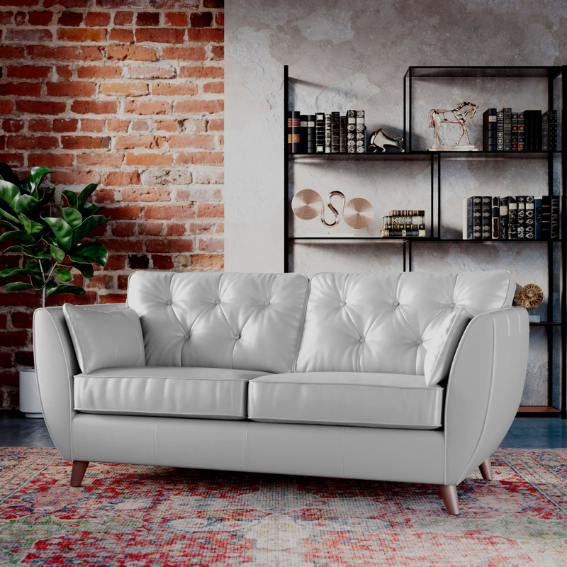 Marylin 3 Seater Leather Sofa, Cloud Grey, Dark Wood