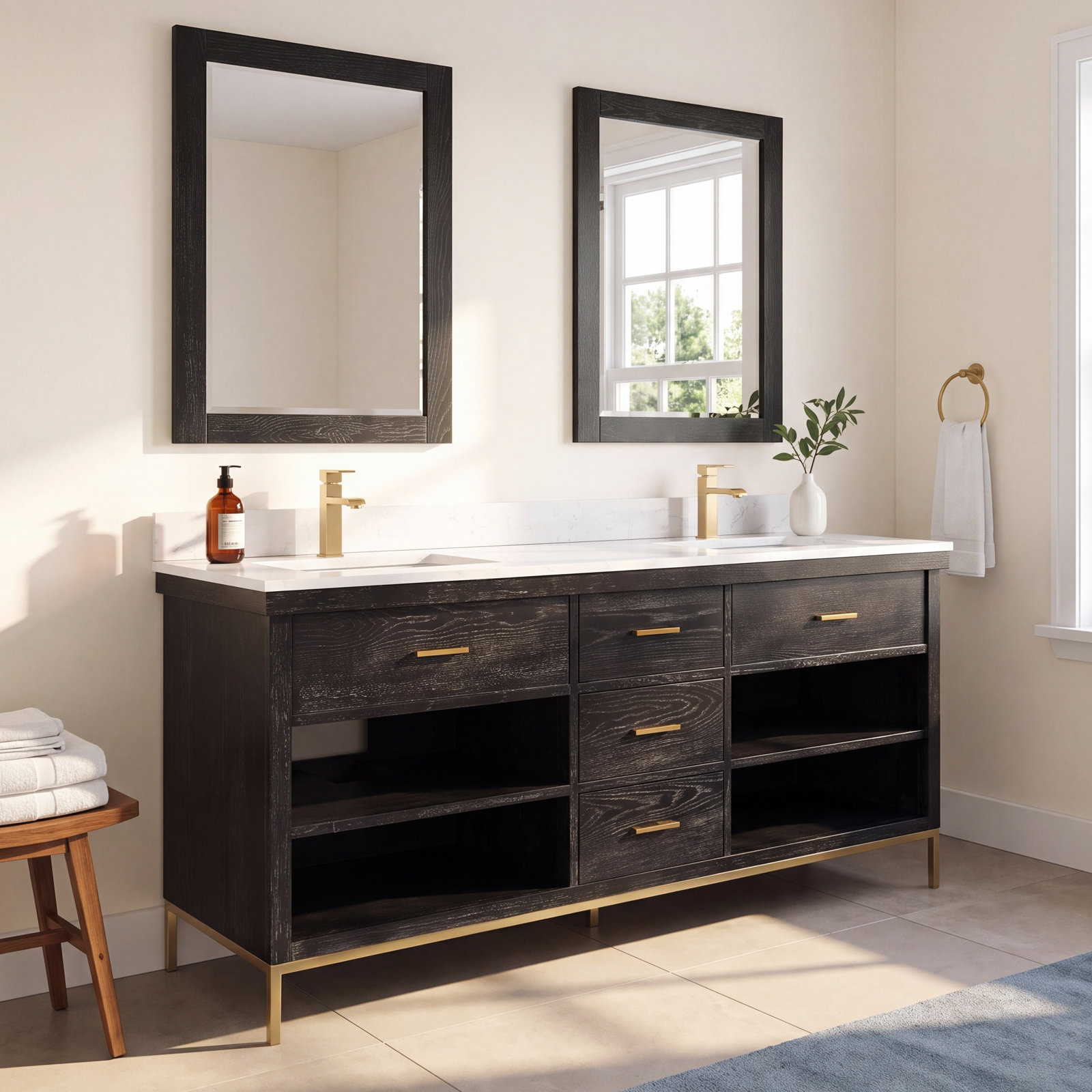 Kesia 72'' Double Bathroom Vanity, Black, Gold