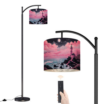Lampe sur pied à arc avec phare rose, côte rocheuse, nuages de rêve, vagues sur l'océan et télécommande avec lumières DEL