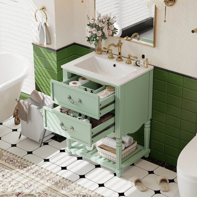 Meuble-lavabo de 24 po avec lavabo en céramique, armoire de salle de bain avec deux tiroirs à fermeture en douceur et une tablette ouverte