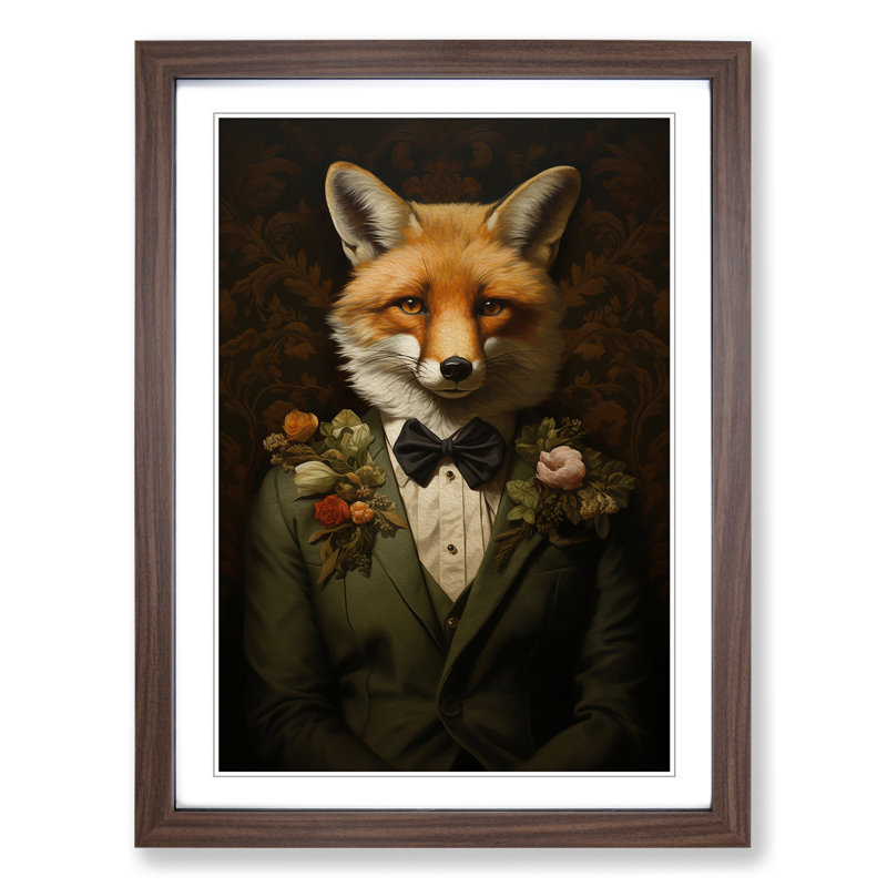 Fox Renaissance - Single Picture Frame Print on Wood, 34cm H x 25cm W x 2cm D, Walnut