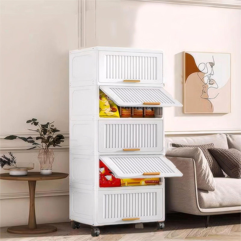15.75" Side Wide 4-layers Flip Open Storage Box With Wheels, Movable Storage Cabinet, Kitchen Shelf, Movable Storage Island, Home Organization, Wardrobe Storage Box