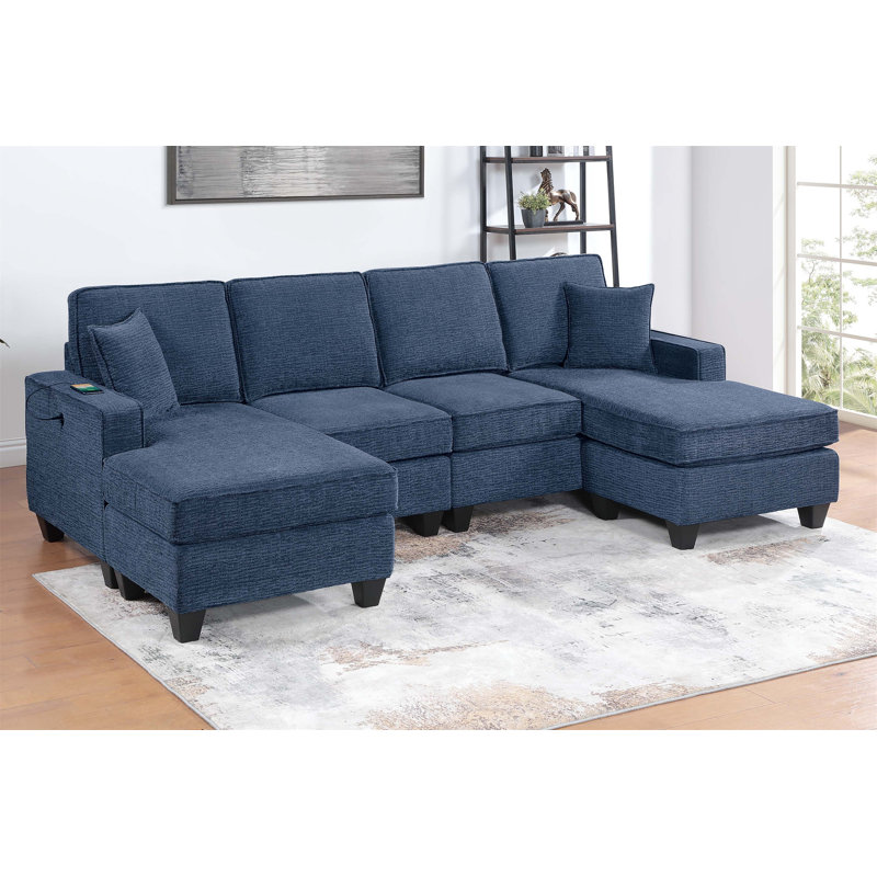 3Pc Sectional Set Dark Blue Finish Right Arm And Left Arm Chaise USB Port Armless Loveseat Plastic Legs Matching Two Pillows Primary Living Room