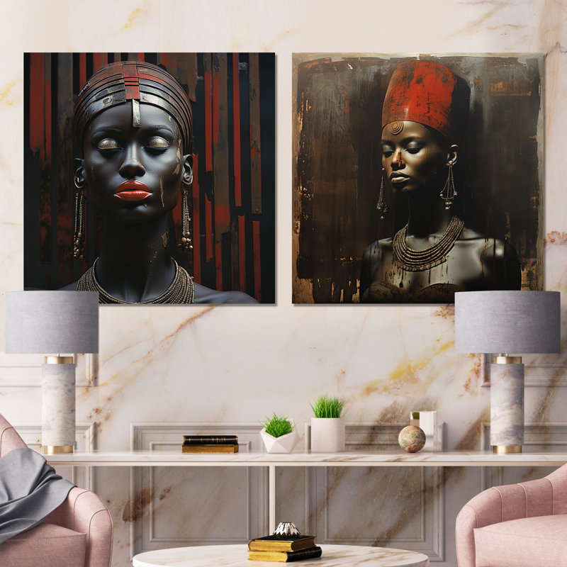 Diva afro-américaine noire et rouge I - Femme égyptienne, H 16 po x l 32 po