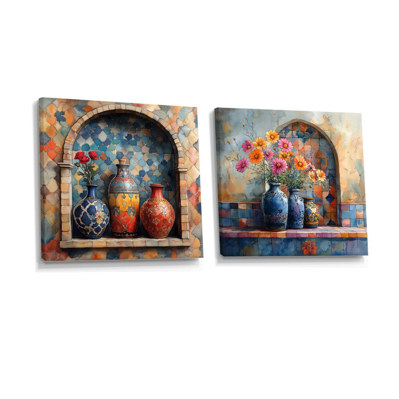 Art floral et poterie marocaine III - art mural marocain - art mural traditionnel 2 pièces, H 16 po x l 33 po, Toile tendue