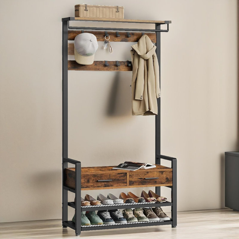 Industrial Hall Tree 80.4cm Wide Coat Rack Shoe Storage Bench