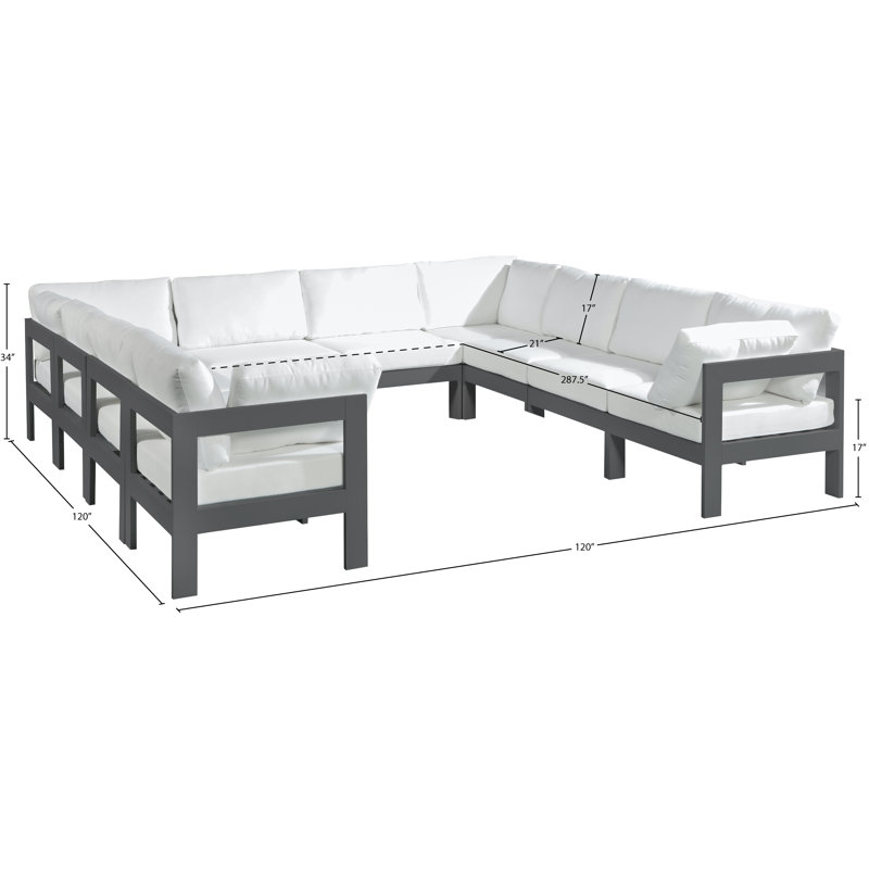 Koeppelle 120'' Wide Aluminum Patio Sectional with Cushions, Dark Gray, White