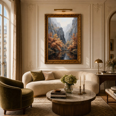Arbres d'automne se reflétant dans une rivière de canyon brumeux - Tableau sur toile