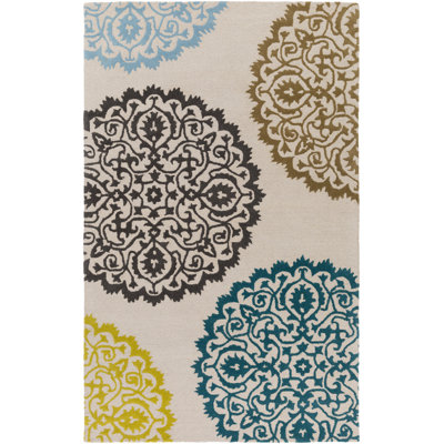 Tapis décoratif en laine Touffeté à la main à motif géométrique de couleur beige/brun/bleu
