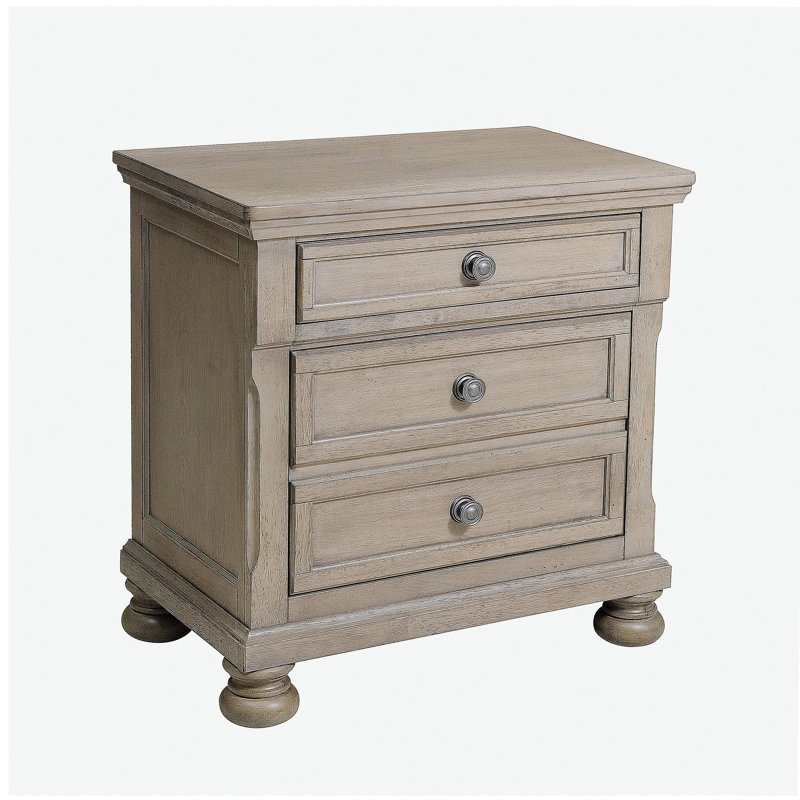 Table de chevet transitionnelle avec tiroir caché, table de chevet en vernis gris délavé et placage de bois