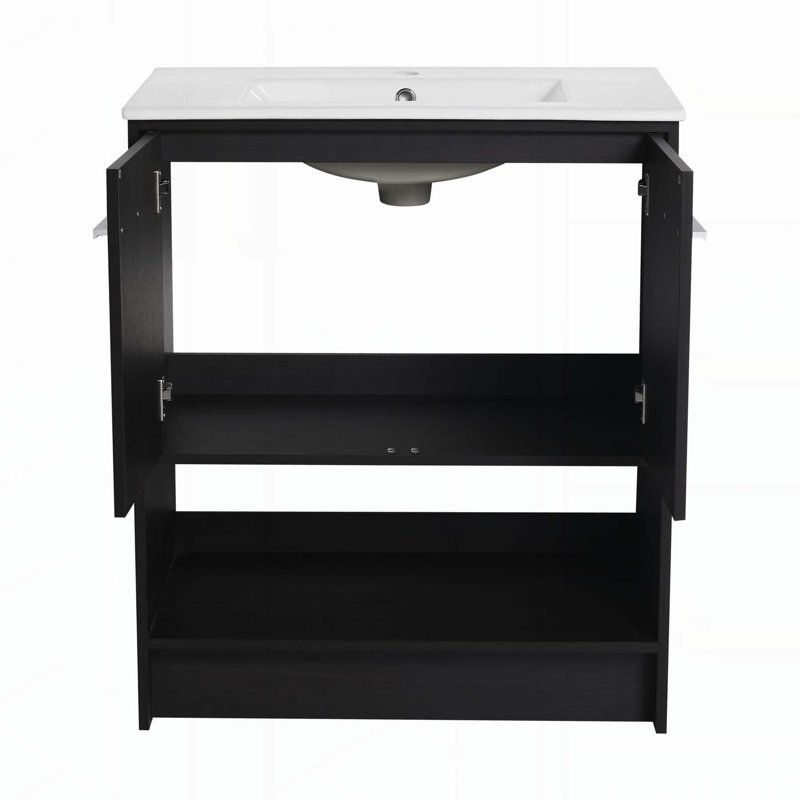 Meuble-lavabo autoportant avec lavabo en céramique et rangement pratique, Chêne foncé, 30"