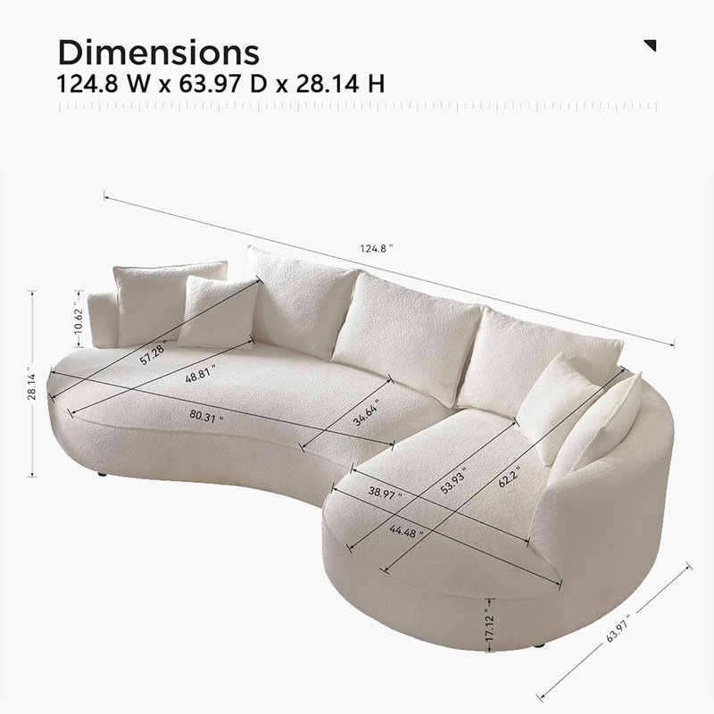 125" Oversized Modern Curved Bouclé Sectional Sofa with Chaise and Pillows, Right Hand Facing