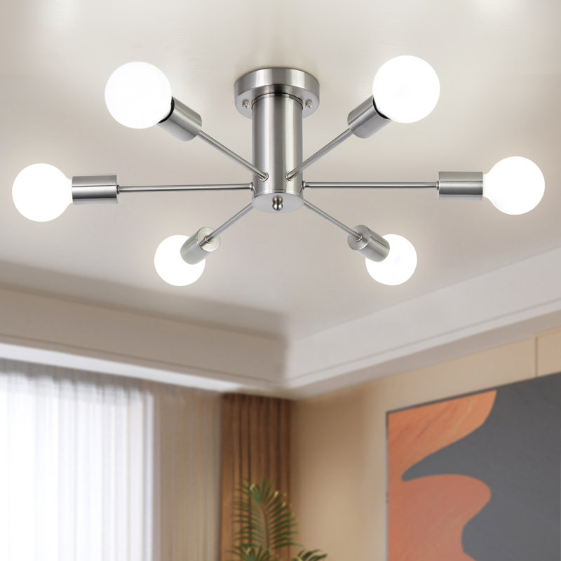 Theis 22in. 6 light Semi Flush Mount Sputnik Chandelier Modern Linear Kitchen Ceiling Mount Light, Satin Nickel
