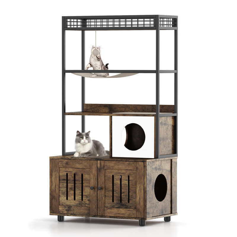 Meuble de litière pour chat avec support de rangement fermé - conception de bac à litière caché avec hamac, boules en sisal, tapis à gratter - chatière élégante et privée, brun