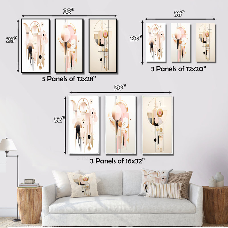 «Circular Boho Chic Geometrics In Retro Pink III», 3 pièces sur toile, Cadre flottant blanc, H 40 po x l 60 po