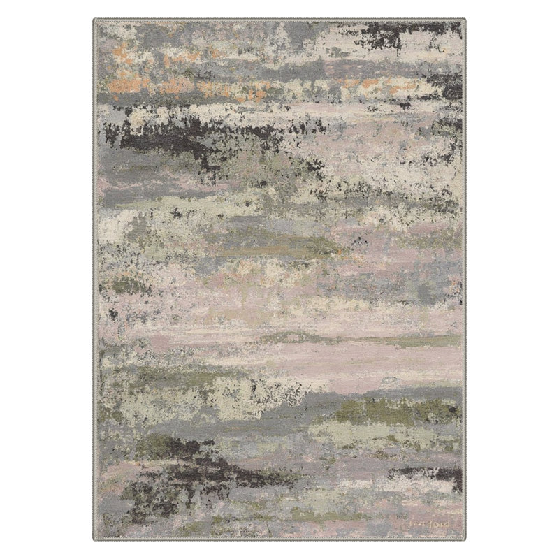 Lucchesi Abstract Machine Washable Grey / Pink / Green Indoor Area Rug with Non-Slip Backing, Rectangle 8' x 10'