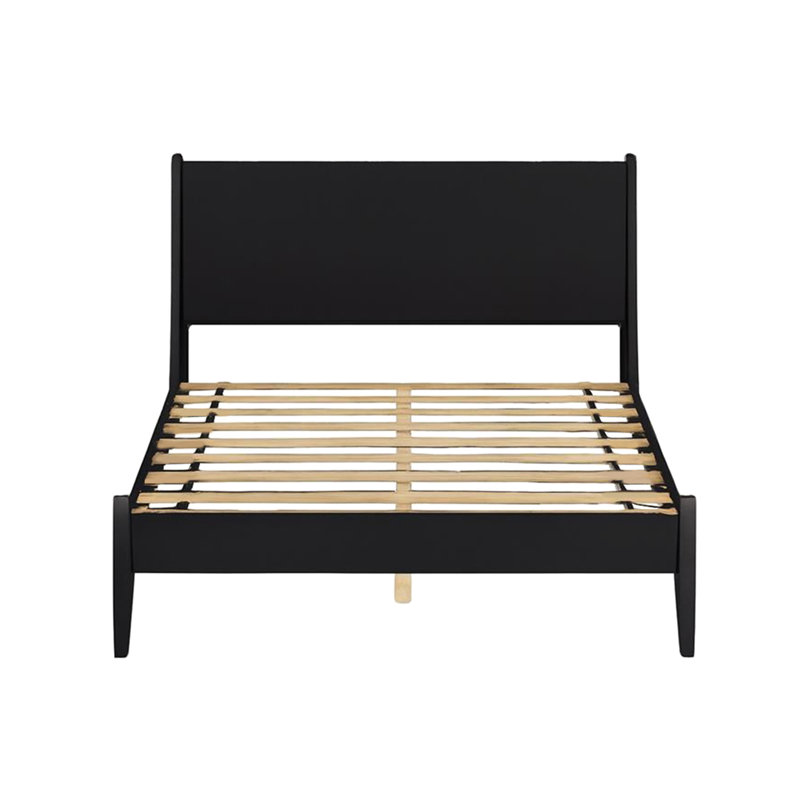 Lit plateforme noir Mid-Century moderne, pieds ronds fuselés, bois, ensemble de lattes pour le soutien du matelas, lit en bois sans sommier nécessaire avec structure, inclus, requis