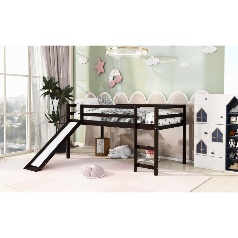 Lit mezzanine simple avec glissade et, couleur, matériau en bois massif, cadre multifonctionnel, structure solide, sans sommier, convient pour 6 pièces, silhouette épurée, pieds, 14 lattes, assemblage facile et aéré