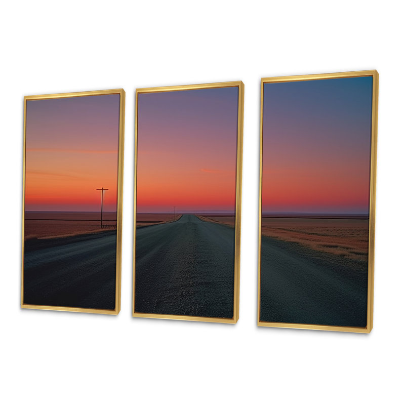 «Sunset Road Landscape I», ensemble d'art mural, Cadre flottant doré, H 40 po x l 60 po x P 1 po