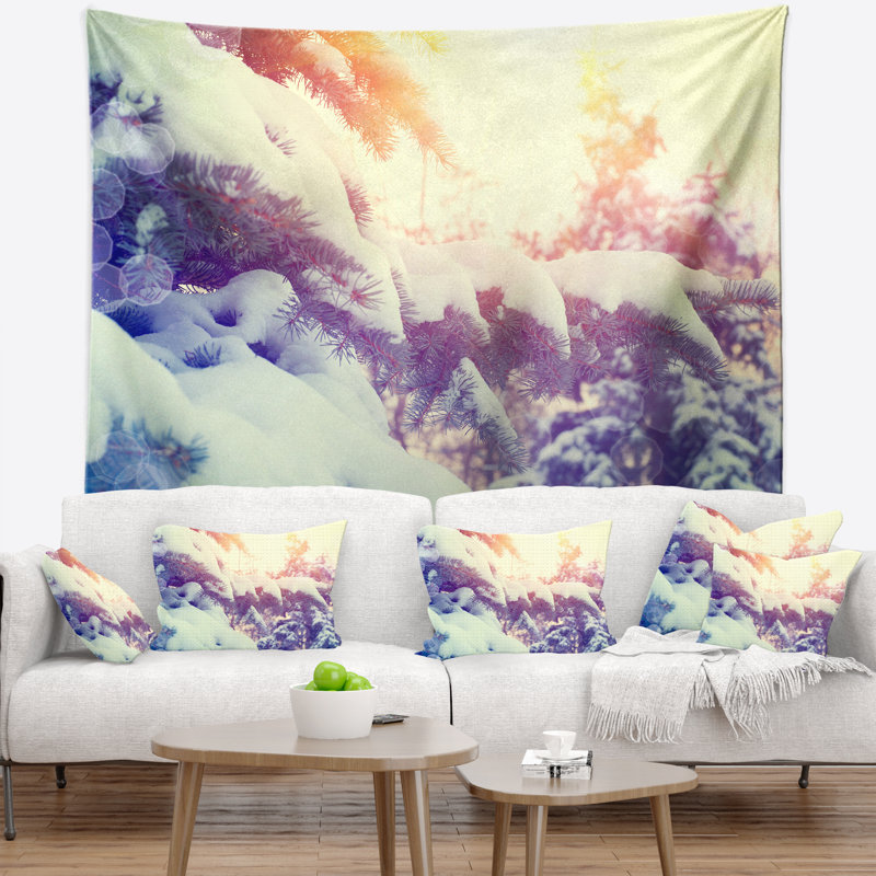 Tapisserie de noël avec des arbres en pin d’hiver, H 68 po x l 80 po
