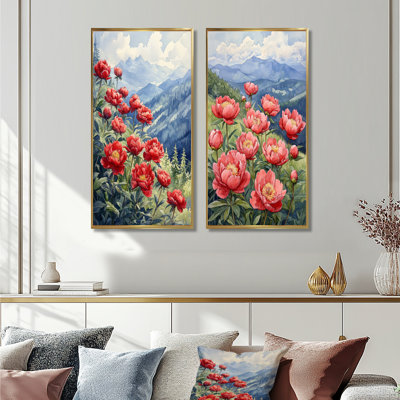 Pivoines dans la crête de montagne I - décoration murale en toile florale 2 panneaux