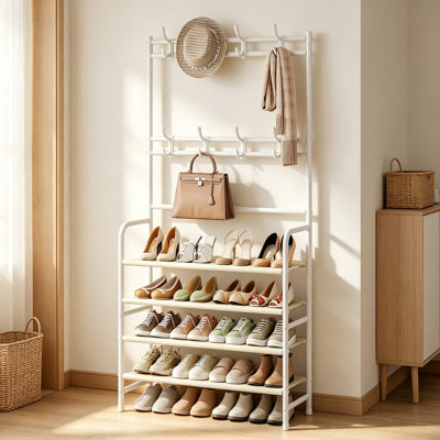Portemanteau autoportant et porte-chaussures avec tablette de rangement, organisateur de vestibule à 4 niveaux avec 8 crochets pour chapeaux et vêtements, métal blanc