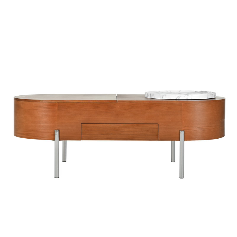  Table basse à plateau relevable ovale avec plateau tournant en marbre et compartiment caché, brun