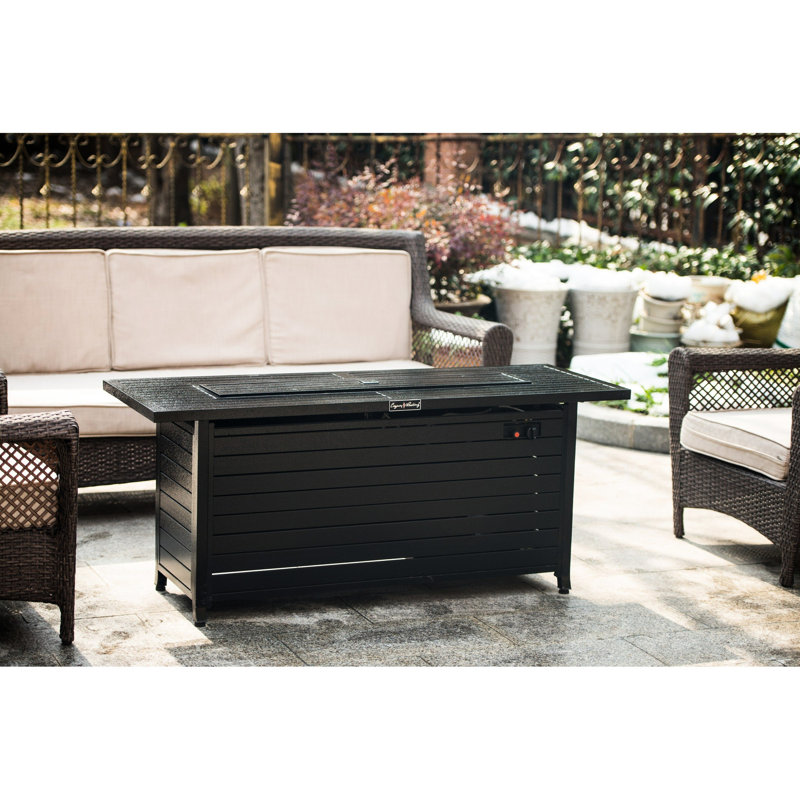57In Gas Propane Fire Pit Table For Outdoor Use, 50000Btu Aluminum Fireplace With Lid And Glass, Rectangular Dining Backyard Garden Deck Patio, Hammered Black Feature, Table, & Dinning Design,