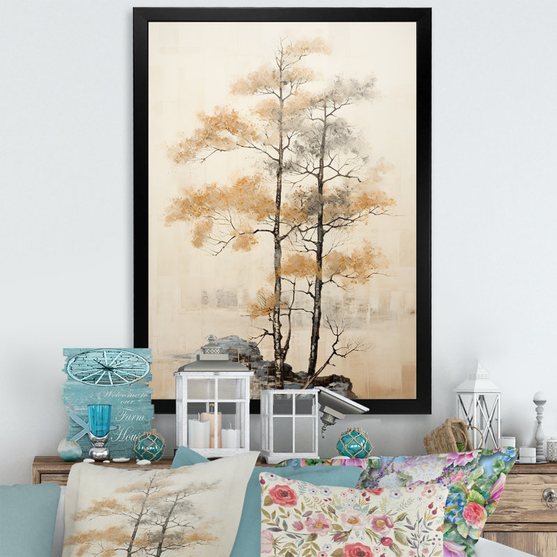 «Beige Tree Pine Tranquility», reproduction sur toile, Cadre simple noir, H 44 po x l 34 po x P 1,5 po