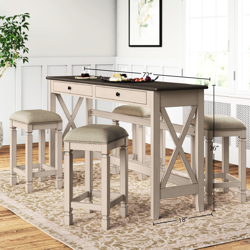 Console en bois massif, 4 tabourets, 2 tiroirs, table en bois leurre blanc antique avec tabourets et compartiments de rangement