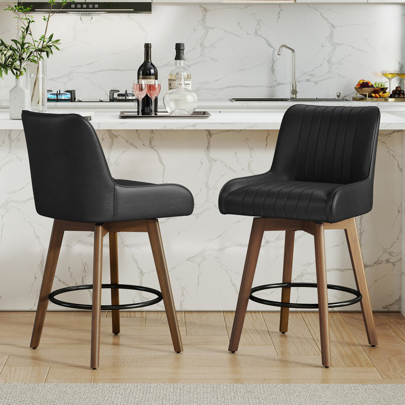 Extra-Wide 360° Swivel Bar Stool With Pocket Spring Seat & Solid Wood Base, Black 
