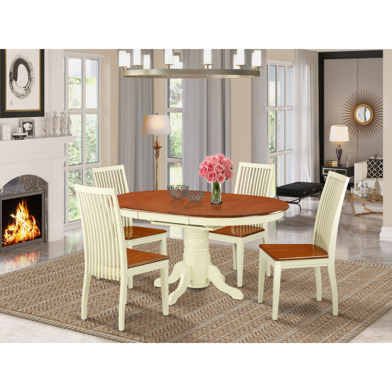 5 Piece Dinette Set for 4 Includes an Oval Dining Room Table with Butterfly Leaf and 4 Linen Fabric Kitchen Dining Chairs, Linen White