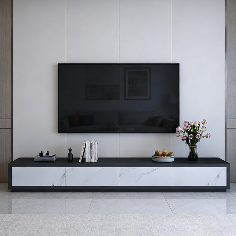 Meuble télé 4 tiroirs Minimalisme, White/Black/Light Grey, 15.74"H x 94.48"L x 15.74"W