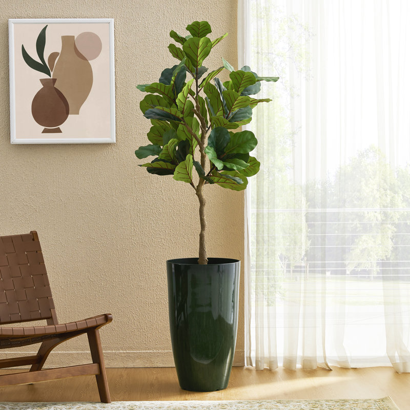 23.5"H Set Of 2 Oversized Gradient Green Faux Ceramic  Tall Plastic Planter, Green