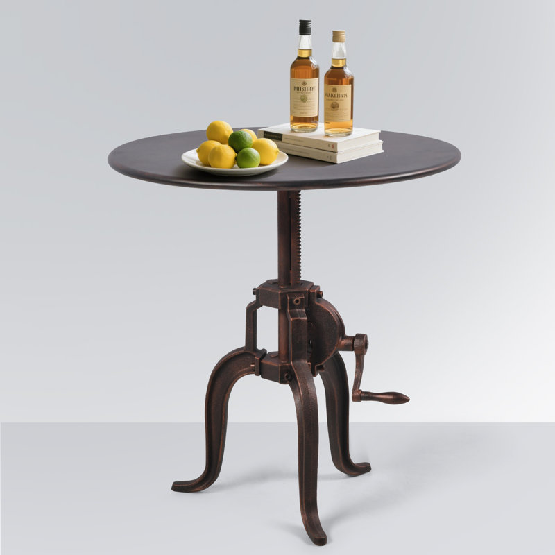 Antique Industrial Crank End Table Iron Top Cast Iron Base Design Metal Adjustable Height End Table, Copper