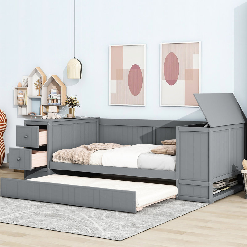 Gray Twin Daybed With Hair Accessory Storage, Trundle - Wood Construction Size Strong Frame Charging, Gray