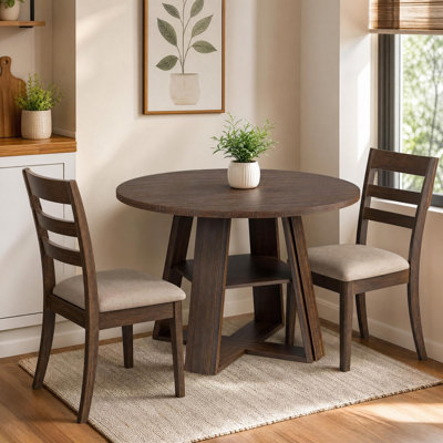 43.3" Round Dining Table for 4-6 People, Farmhouse Circle Kitchen Table with Wooden Pedestal Base and Storage Shelf Space Saving