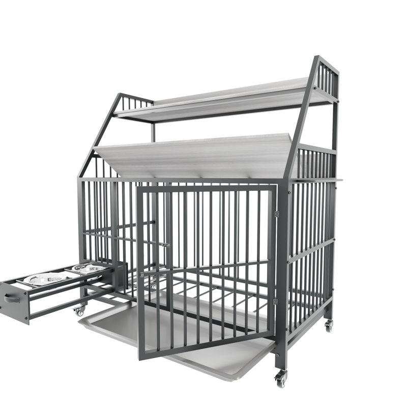 Grande cage de cage pour animaux avec support de rangement, tiroirs, bols en acier inoxydable pour nourriture / eau, structure en fer à double couche et matériau en bois aggloméré (noir / gris fumée)