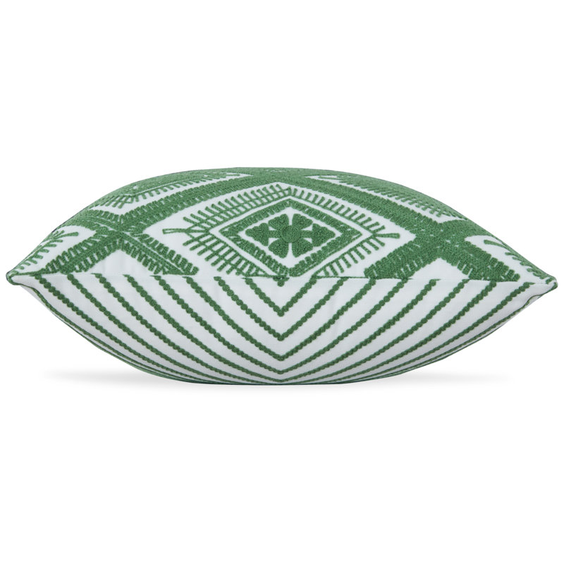 Green and White Embroidered Square Olefin Pillow
