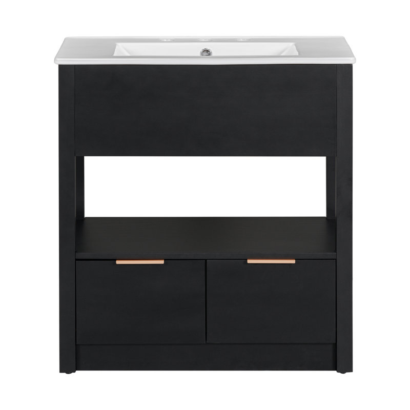 Meuble-lavabo noir élégant de 30 po avec comptoir d'évier, tablette de rangement ouverte et deux tiroirs, ensemble complet (ancien SKU: Wf311619aap)