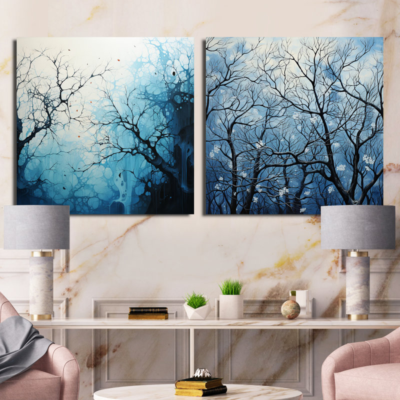 Minimalisme arbre bleu paysage V - arbres carrés ensemble de 2 collages, H 30 po x l 61 po, Toile tendue