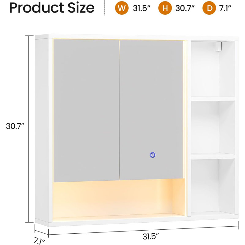31.5'' W 30.7'' H Wall Mounted Medicine Cabinet Mirror with Adjustable Shelves And Open Storage, 2-Door Bathroom Medicine Cabinet with Lighted Mirror, Tempered Glass