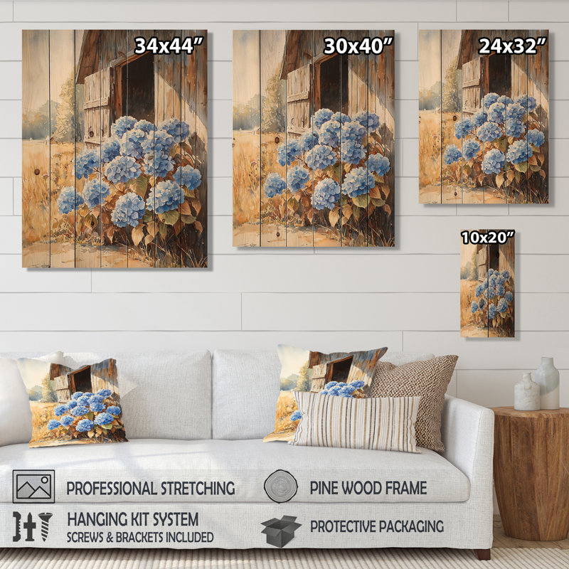 Hydrangées par la porte de l'écurie I - décoration murale en bois d'hortensias - sur bois de pin naturel