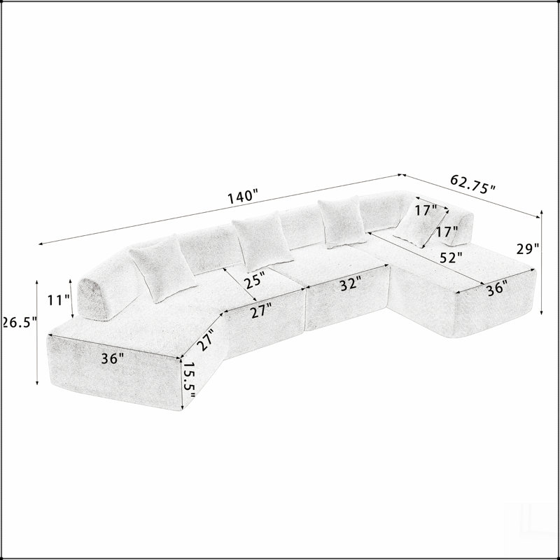 Canapé modulaire moderne en L de 140 po sans assemblage requis, Polyester blanc